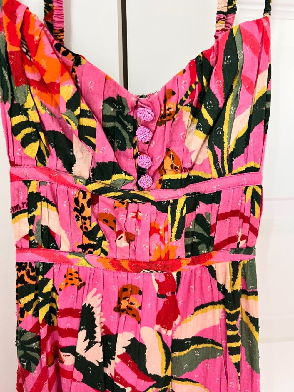 FARM Rio Pink Leopard Forest Midi Dress Beaded Buttons S - Picture 5 of 14